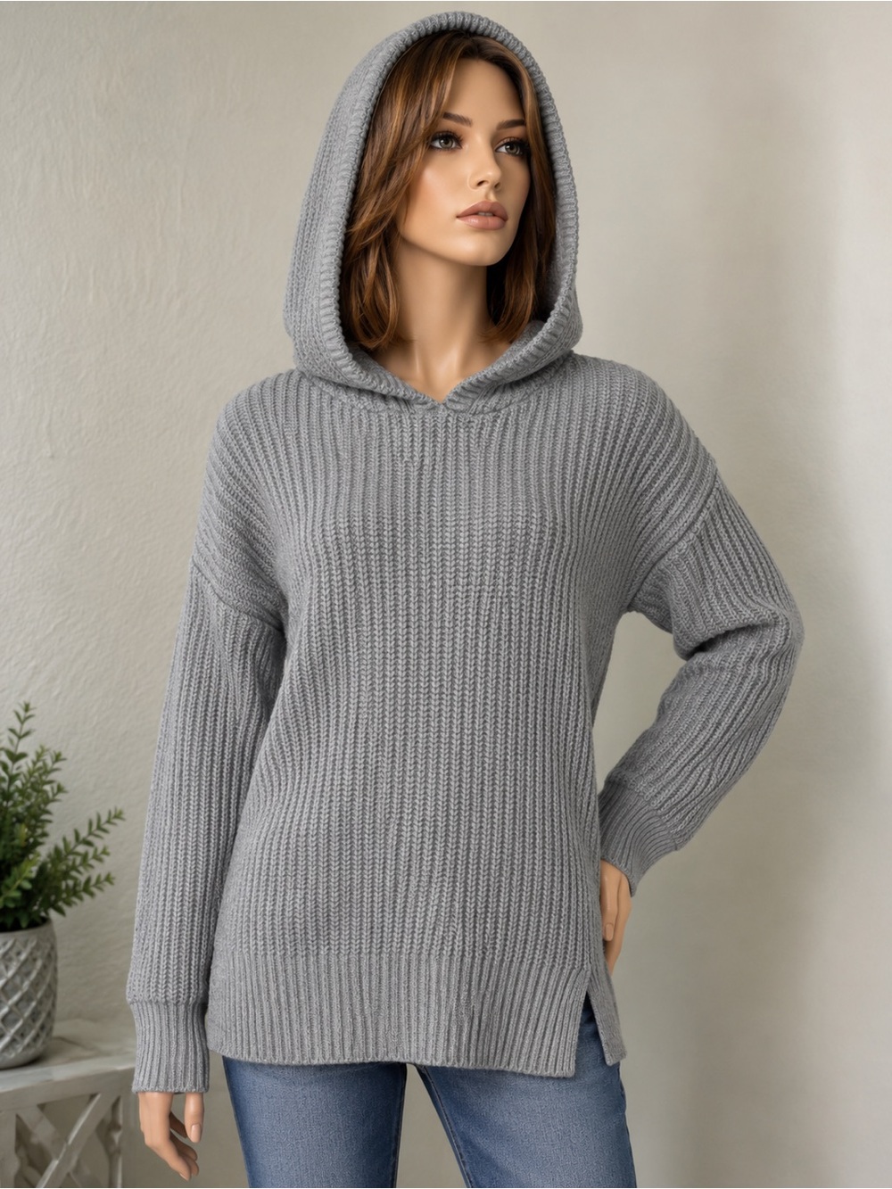 Rachel Zoe Women’s Gray Hooded Knit Sweater Long Sleeve Pullover Sise S